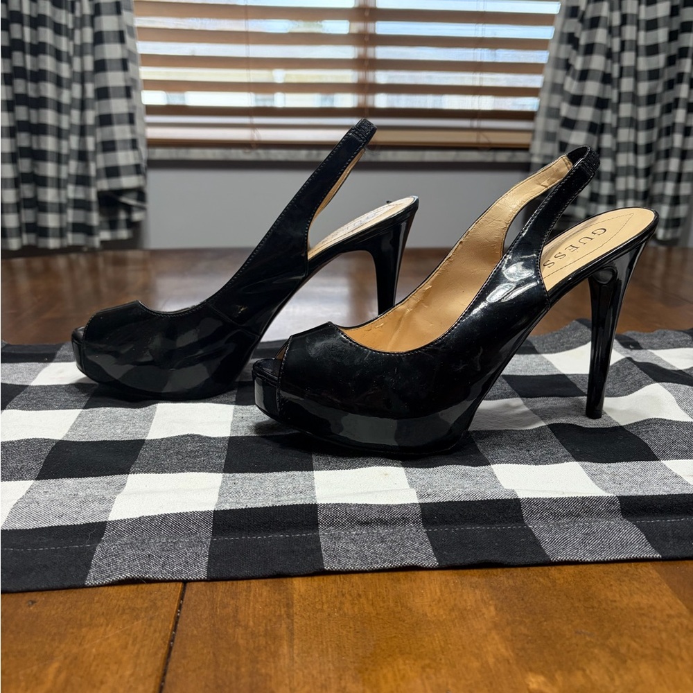 Guess Glossy Black Slingback Heels